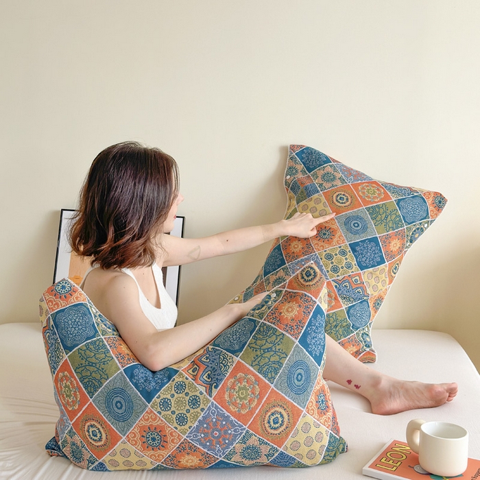 91家纺网 家纺一手货源 找家纺 朴尔家纺-毛巾被2025新款半包可调节暗扣魔术全棉三层纱布枕巾 欧式卷草纹