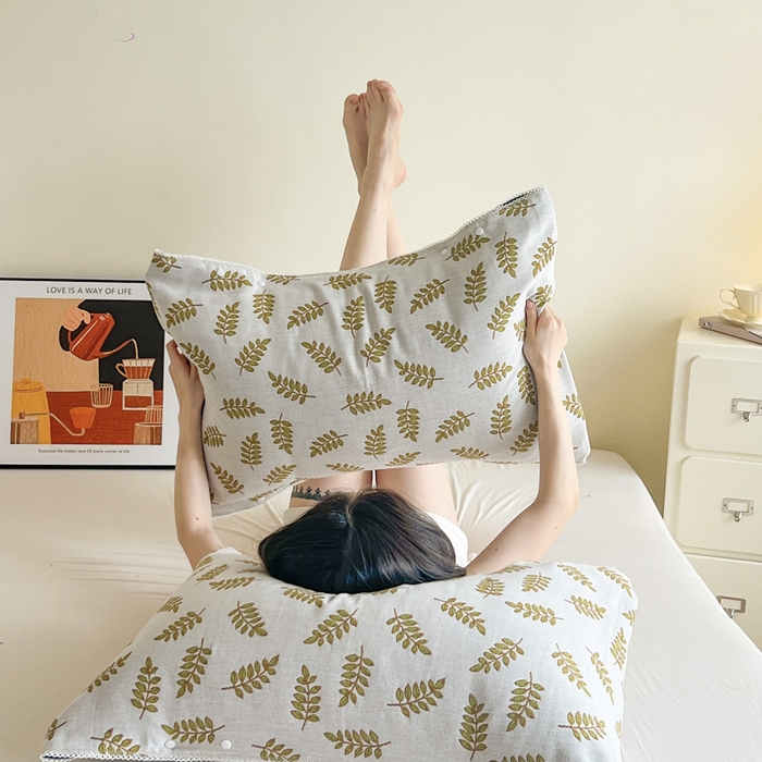 91家纺网 家纺一手货源 找家纺 朴尔家纺-毛巾被2025新款半包可调节暗扣魔术全棉三层纱布枕巾 朴素树叶