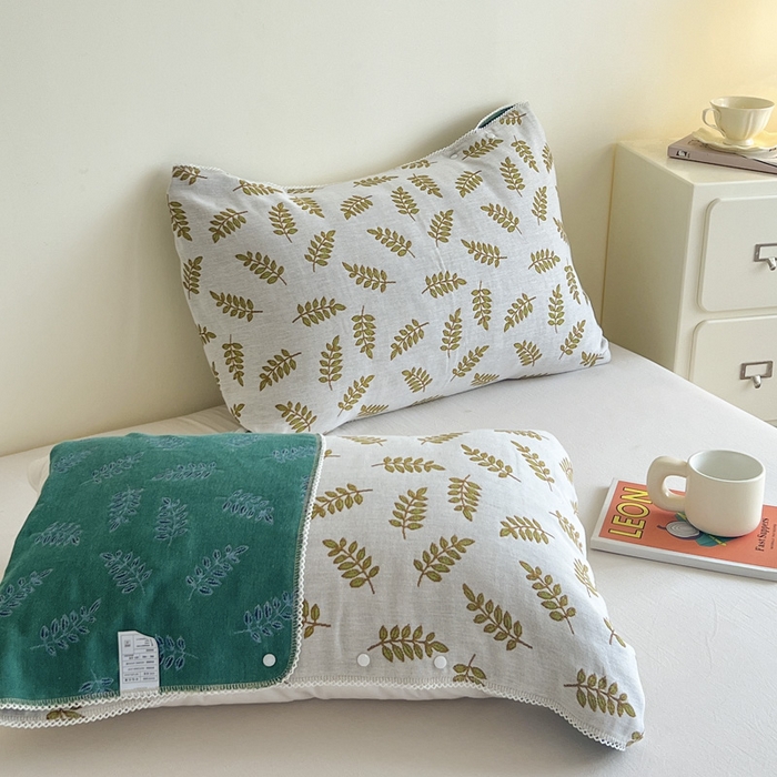 91家纺网 家纺一手货源 找家纺 朴尔家纺-毛巾被2025新款半包可调节暗扣魔术全棉三层纱布枕巾 朴素树叶