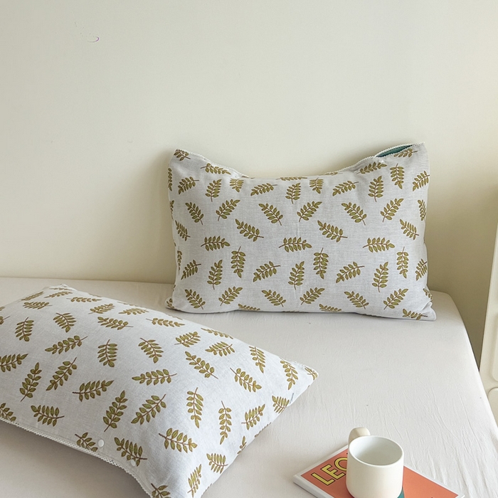 91家纺网 家纺一手货源 找家纺 朴尔家纺-毛巾被2025新款半包可调节暗扣魔术全棉三层纱布枕巾 朴素树叶