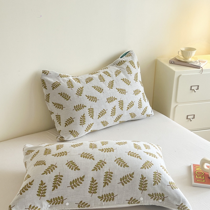 91家纺网 家纺一手货源 找家纺 朴尔家纺-毛巾被2025新款半包可调节暗扣魔术全棉三层纱布枕巾 朴素树叶