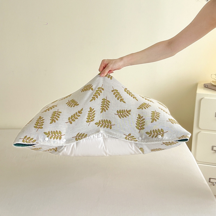 91家纺网 家纺一手货源 找家纺 朴尔家纺-毛巾被2025新款半包可调节暗扣魔术全棉三层纱布枕巾 朴素树叶