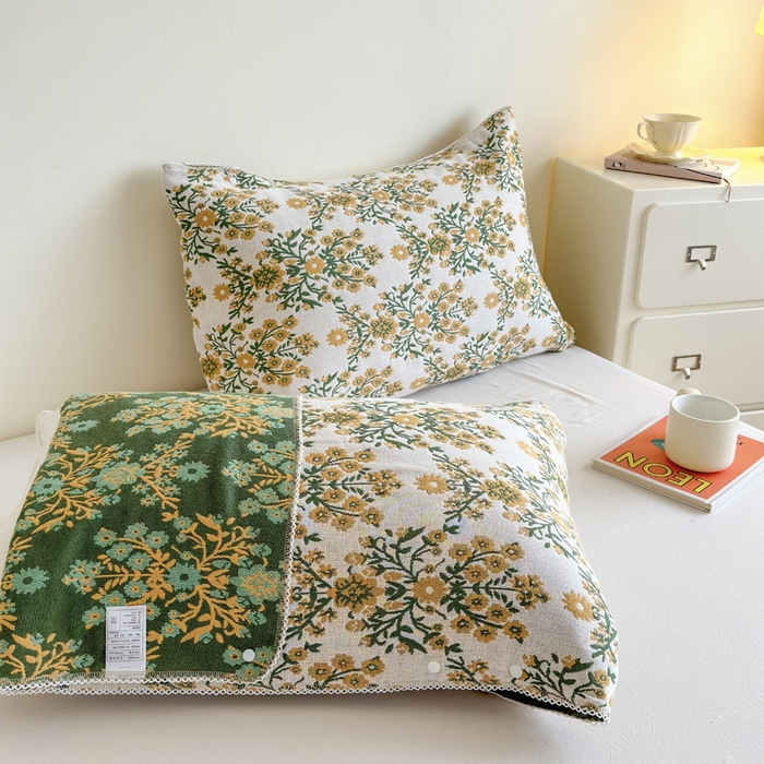 91家纺网 家纺一手货源 找家纺 朴尔家纺-毛巾被2025新款半包可调节暗扣魔术全棉三层纱布枕巾 一簇鲜花