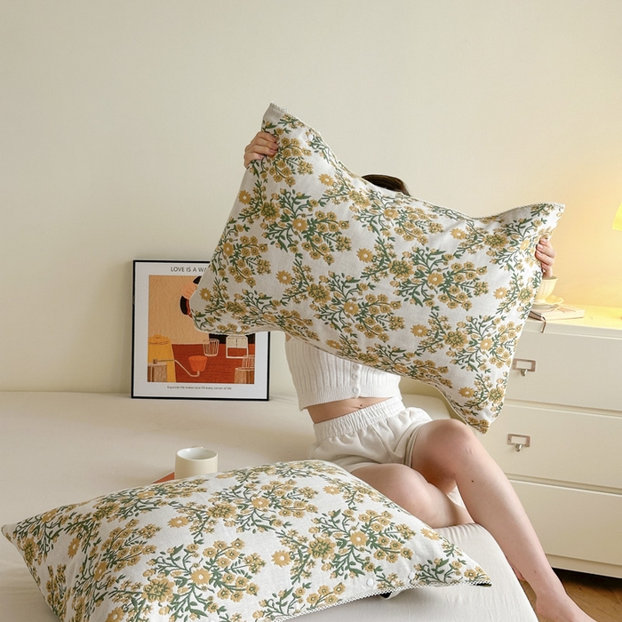 91家纺网 家纺一手货源 找家纺 朴尔家纺-毛巾被2025新款半包可调节暗扣魔术全棉三层纱布枕巾 一簇鲜花