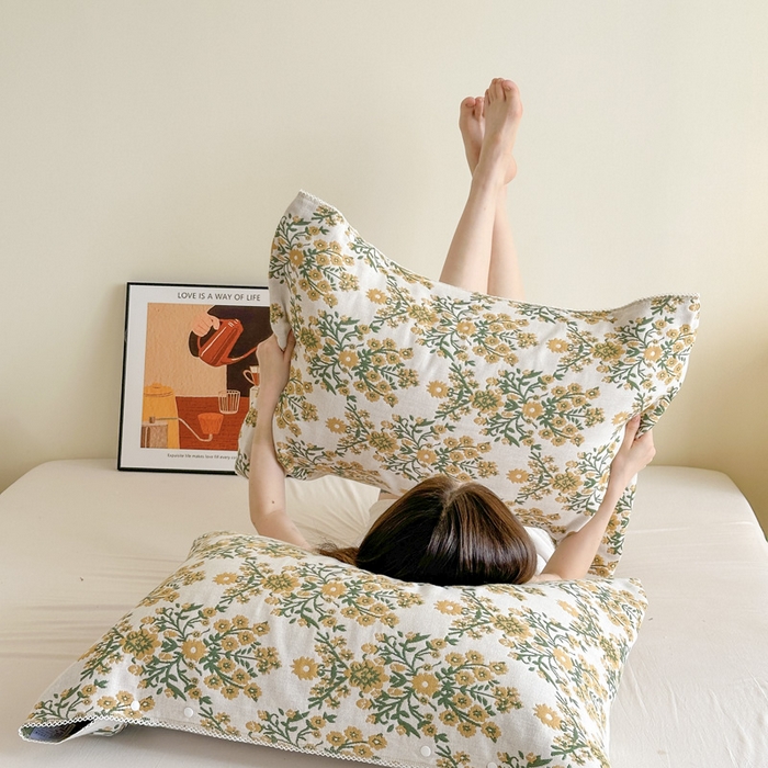 91家纺网 家纺一手货源 找家纺 朴尔家纺-毛巾被2025新款半包可调节暗扣魔术全棉三层纱布枕巾 一簇鲜花