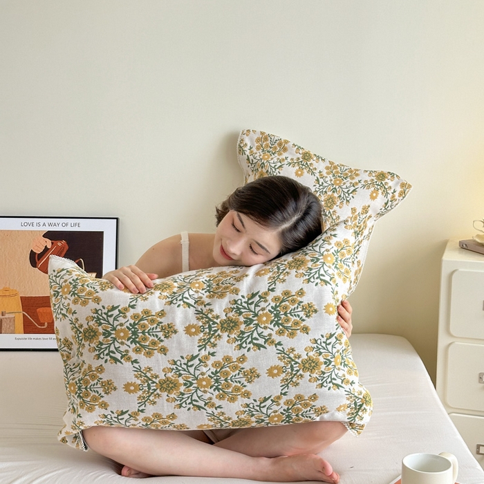 91家纺网 家纺一手货源 找家纺 朴尔家纺-毛巾被2025新款半包可调节暗扣魔术全棉三层纱布枕巾 一簇鲜花