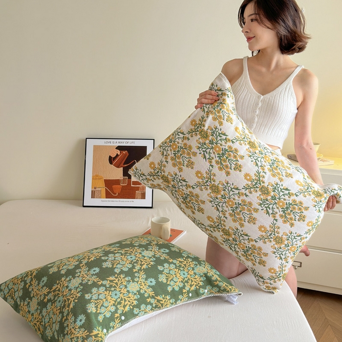 91家纺网 家纺一手货源 找家纺 朴尔家纺-毛巾被2025新款半包可调节暗扣魔术全棉三层纱布枕巾 一簇鲜花