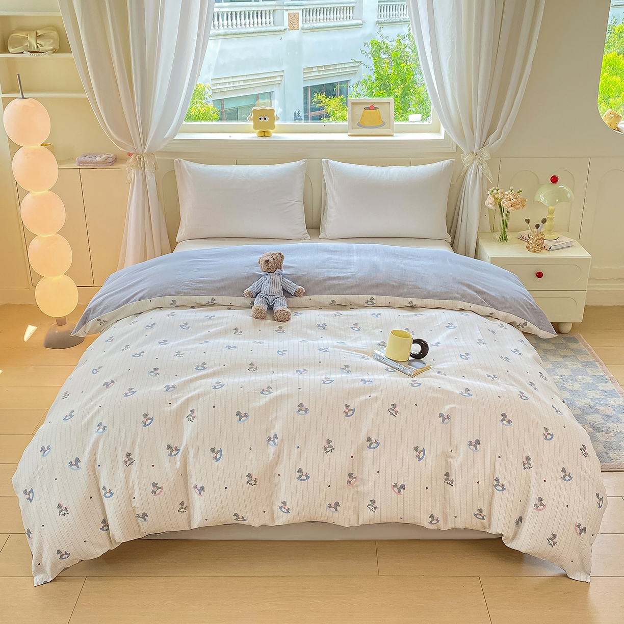 91家纺网 家纺一手货源 找家纺 黑马家居 2024新款双拼全棉四件套 灰绿+奶白