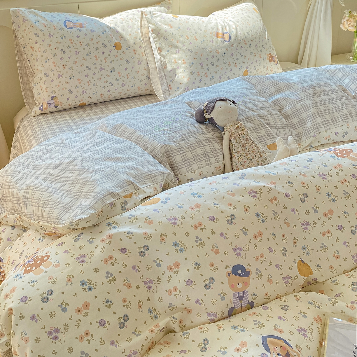 91家纺网 家纺一手货源 找家纺 黑马家居 2025新款13070全棉田园小清新四件套系列 晚安小熊