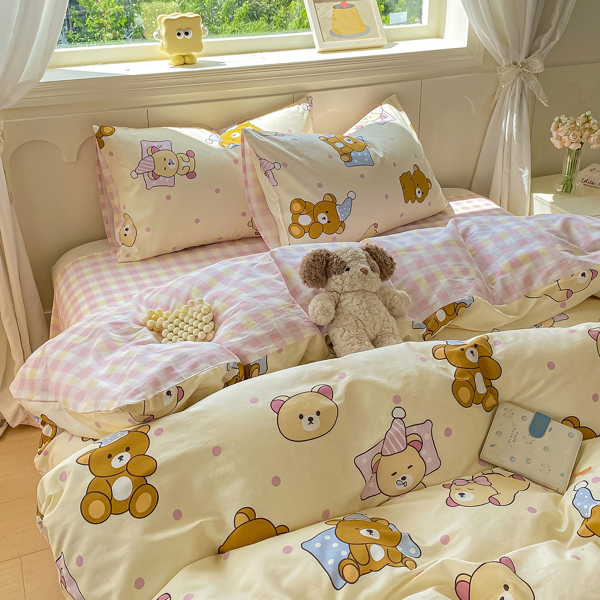 91家纺网 家纺一手货源 找家纺 黑马家居 2025新款13070全棉田园小清新四件套系列 晚安小熊