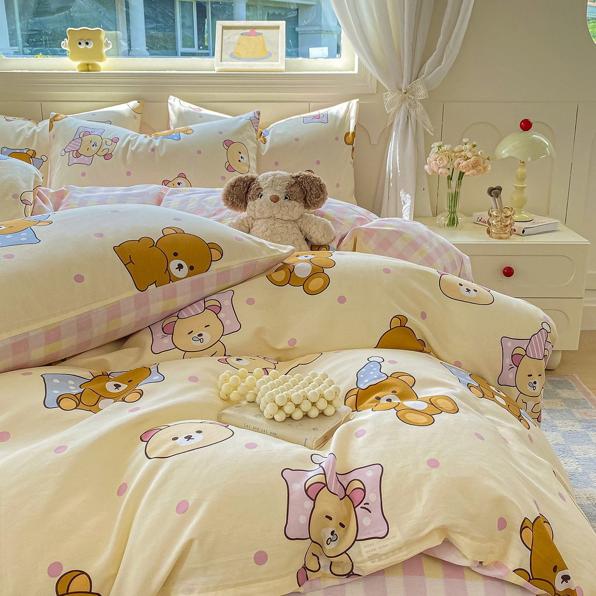 91家纺网 家纺一手货源 找家纺 黑马家居 2025新款13070全棉田园小清新四件套系列 晚安小熊