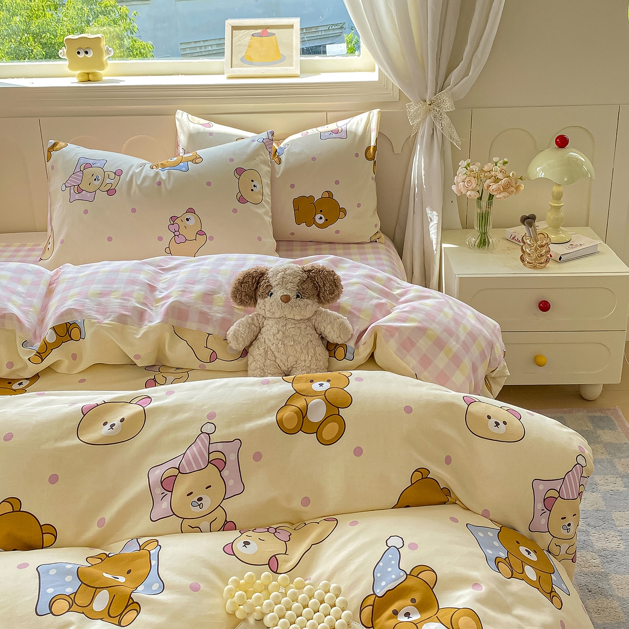 91家纺网 家纺一手货源 找家纺 黑马家居 2025新款13070全棉田园小清新四件套系列 晚安小熊