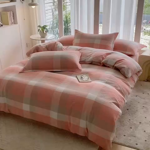 91家纺网 家纺一手货源 找家纺 钰锦珀家纺 2025新款简约全棉色织水洗棉四件套玉咖大格