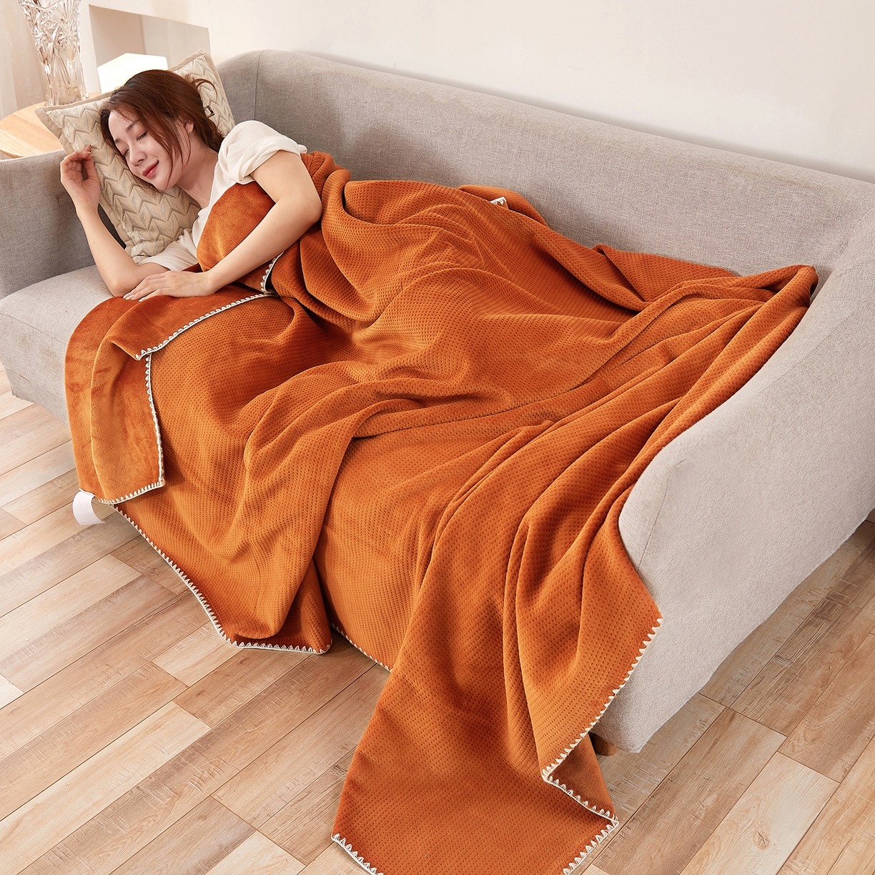 （总）莱家富 2026新款跨境A类华夫格牛奶绒双面毛毯轻奢休闲盖毯子多功能午睡办公室用毯