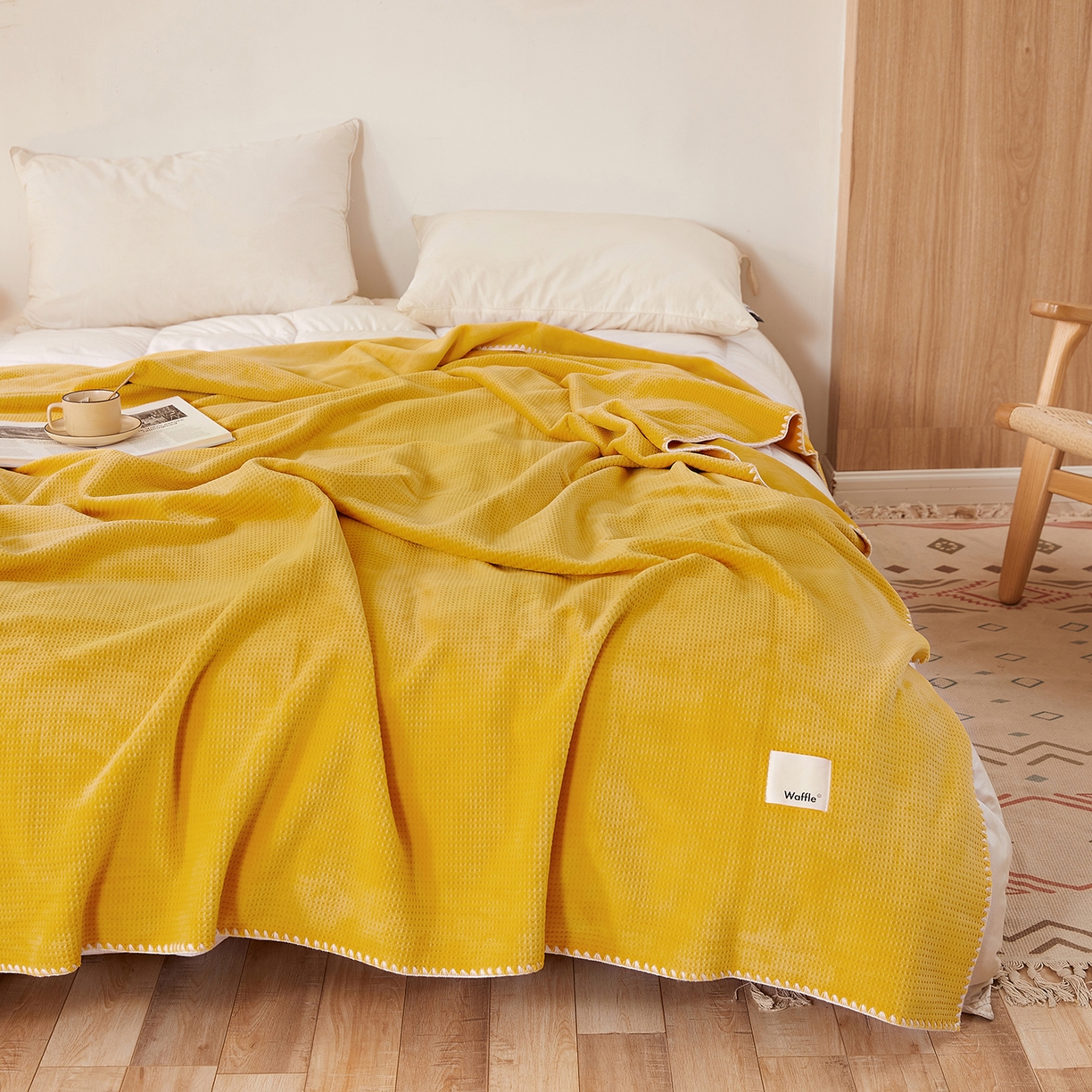 91家纺网 家纺一手货源 找家纺 莱家富 2026新款跨境A类华夫格牛奶绒双面毛毯轻奢休闲盖毯子多功能午睡办公室用毯 黄色