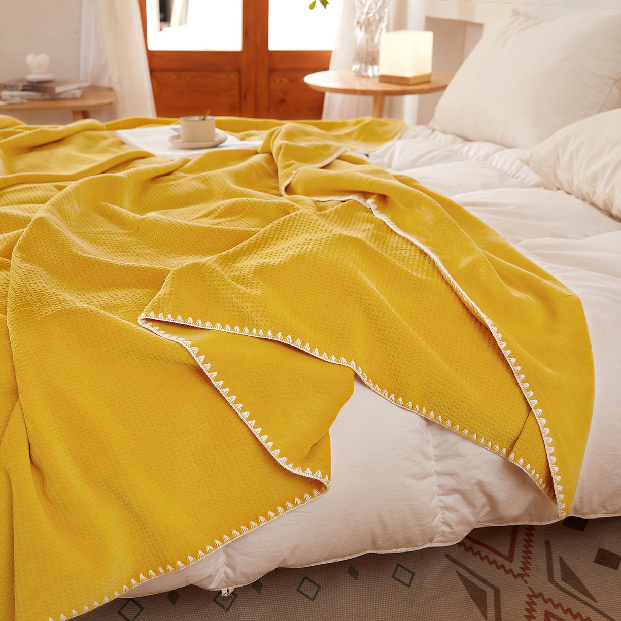 91家纺网 家纺一手货源 找家纺 莱家富 2026新款跨境A类华夫格牛奶绒双面毛毯轻奢休闲盖毯子多功能午睡办公室用毯 黄色