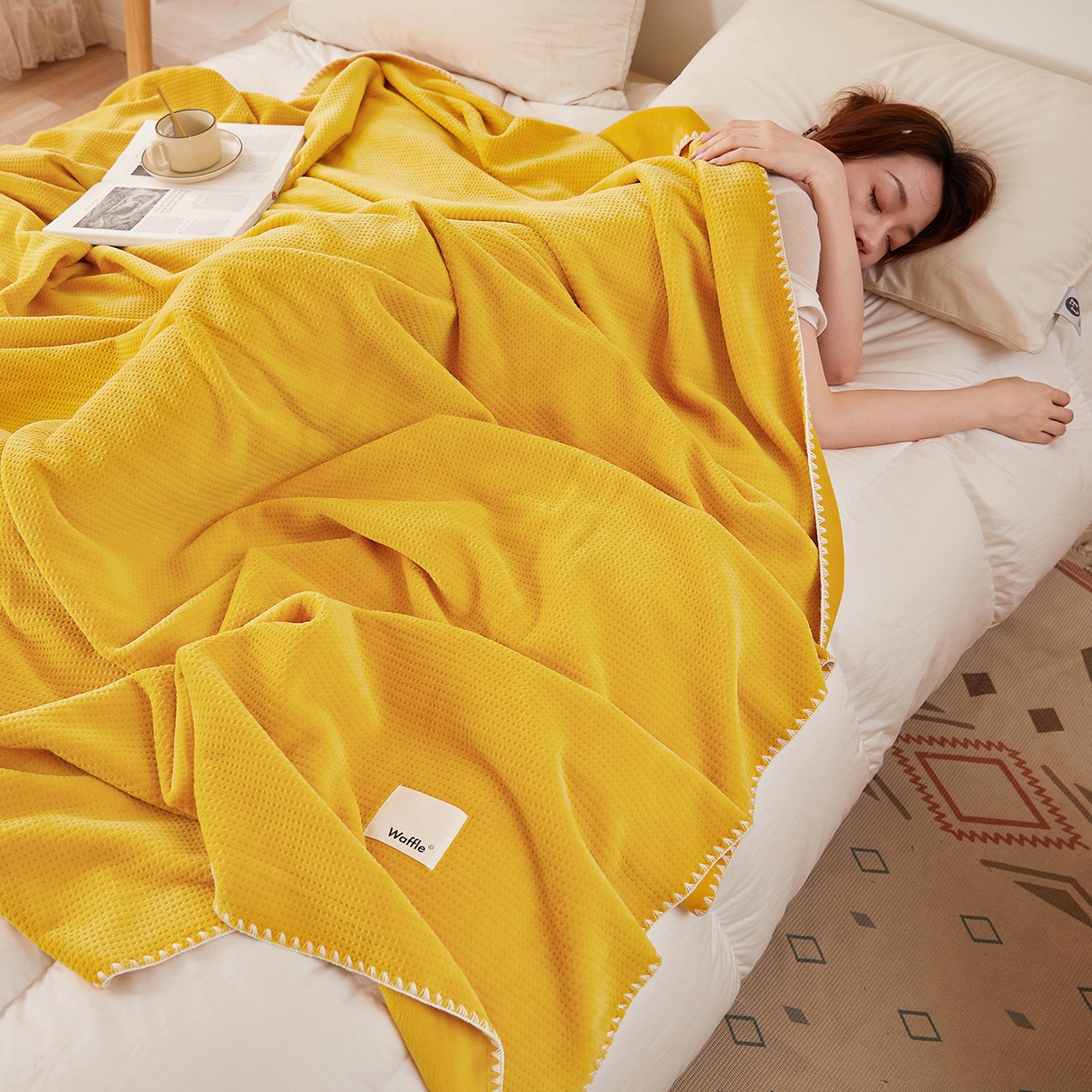 91家纺网 家纺一手货源 找家纺 莱家富 2026新款跨境A类华夫格牛奶绒双面毛毯轻奢休闲盖毯子多功能午睡办公室用毯 黄色