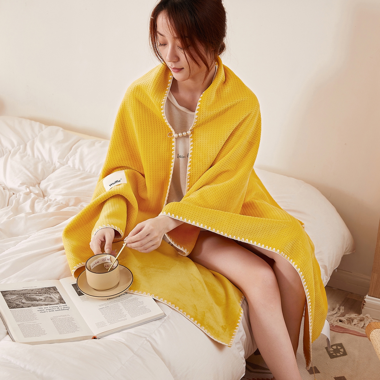 91家纺网 家纺一手货源 找家纺 莱家富 2026新款跨境A类华夫格牛奶绒双面毛毯轻奢休闲盖毯子多功能午睡办公室用毯 黄色