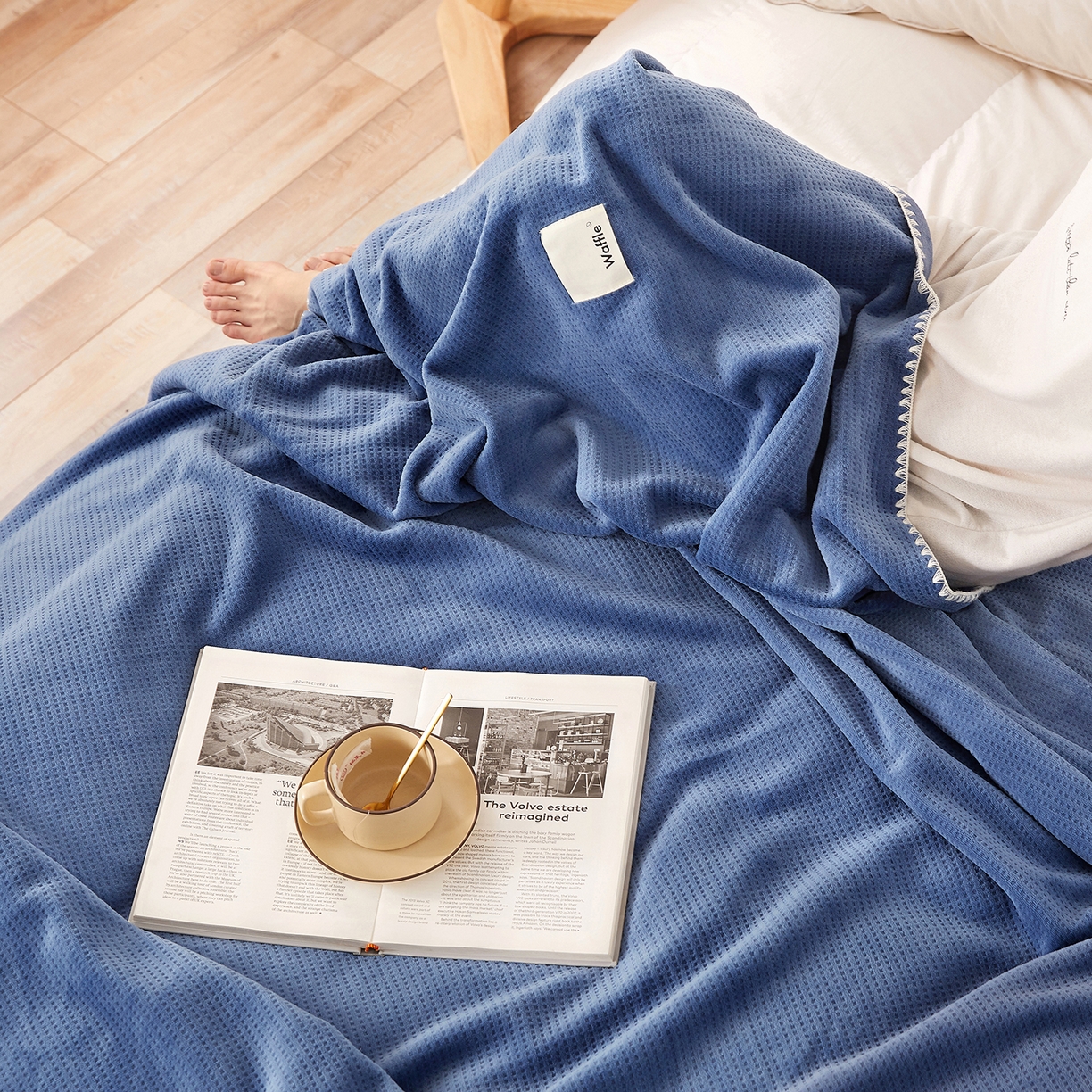 91家纺网 家纺一手货源 找家纺 莱家富 2026新款跨境A类华夫格牛奶绒双面毛毯轻奢休闲盖毯子多功能午睡办公室用毯 蓝色