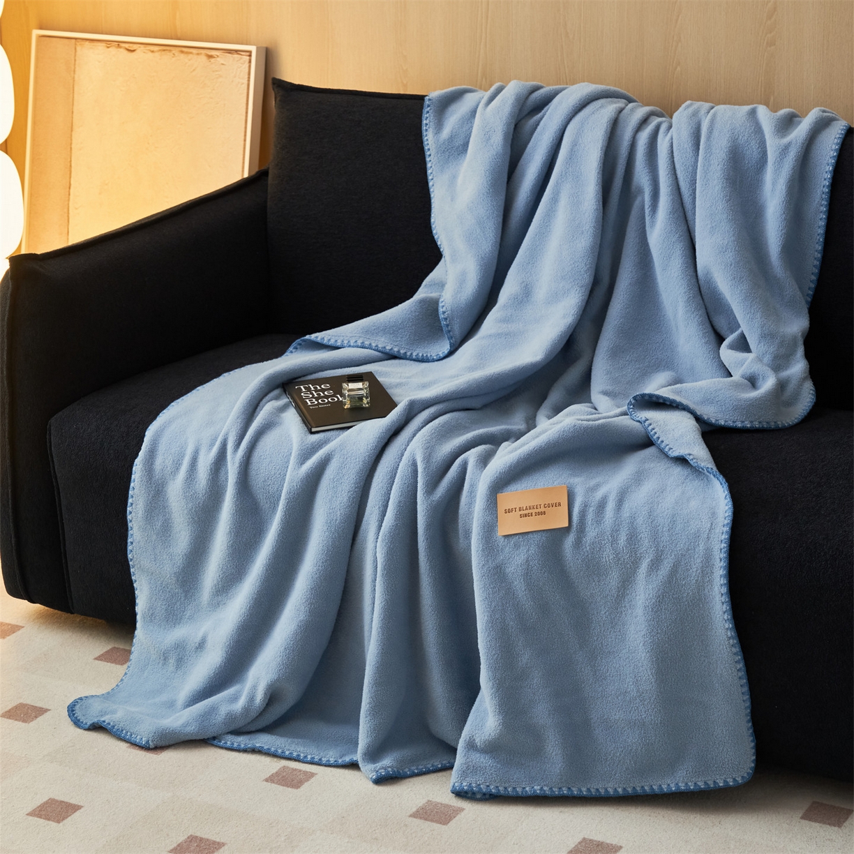 91家纺网 家纺一手货源 找家纺 莱家富 2025新款四季毯羊驼绒三角针边毛毯午睡沙发盖毯子空调毯双层毯 羊驼绒-蓝