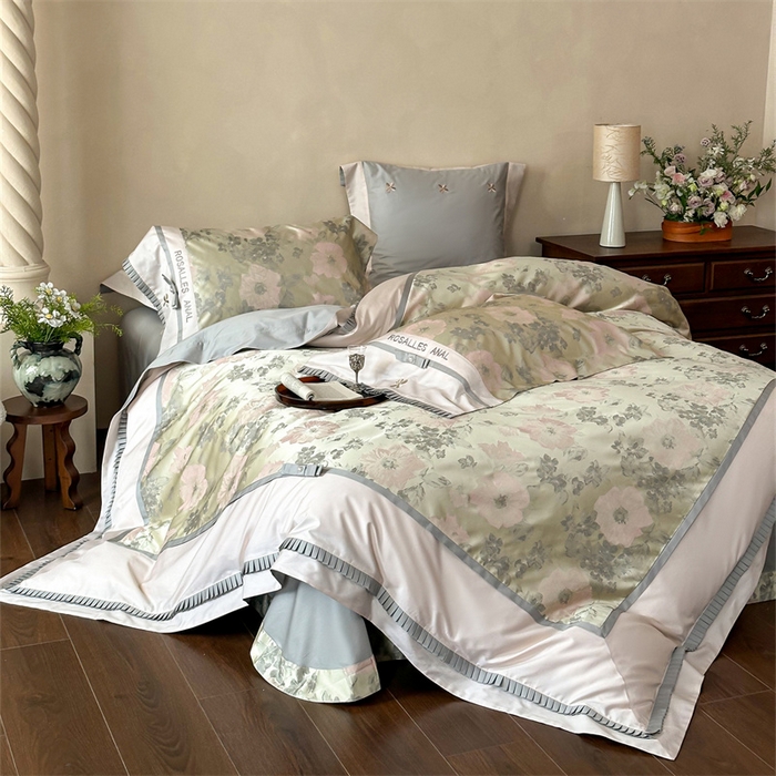 91家纺网 家纺一手货源 找家纺 宏羽纺家纺 2025新款100s全棉纯棉贡缎法式刺绣花边四件套 欧碧绿