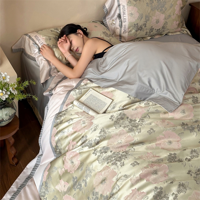 91家纺网 家纺一手货源 找家纺 宏羽纺家纺 2025新款100s全棉纯棉贡缎法式刺绣花边四件套 欧碧绿