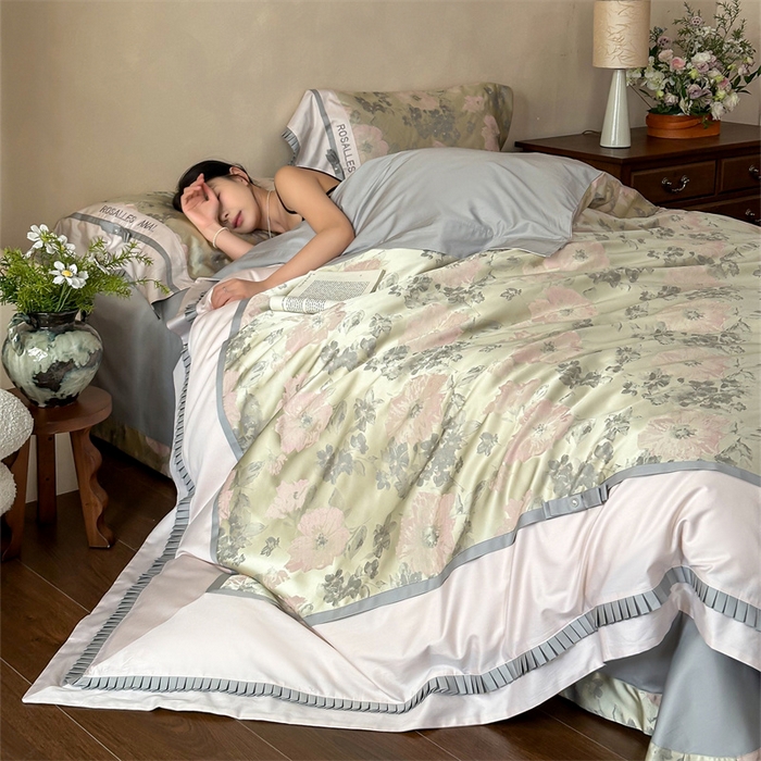 91家纺网 家纺一手货源 找家纺 宏羽纺家纺 2025新款100s全棉纯棉贡缎法式刺绣花边四件套 欧碧绿