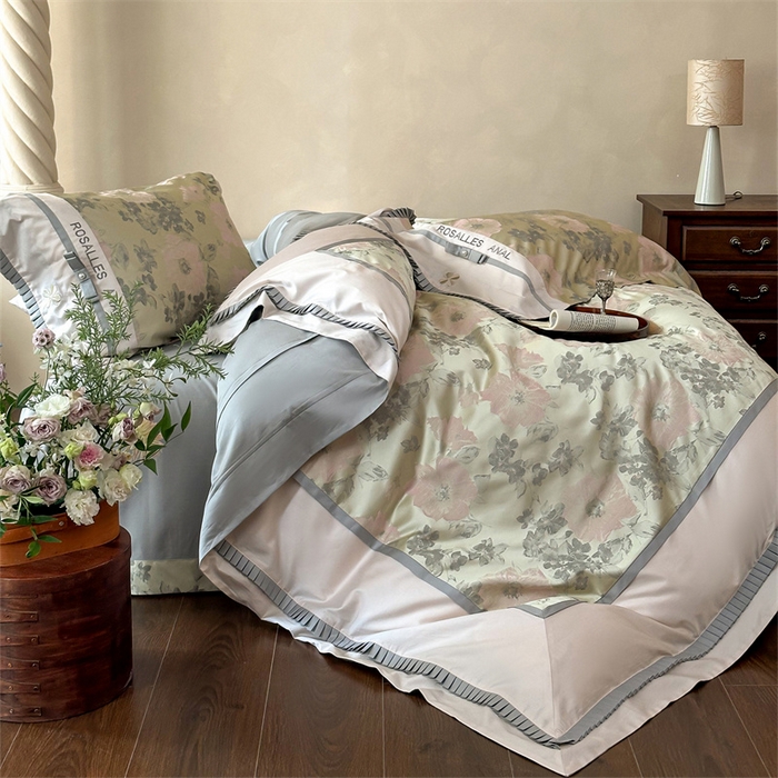 91家纺网 家纺一手货源 找家纺 宏羽纺家纺 2025新款100s全棉纯棉贡缎法式刺绣花边四件套 欧碧绿