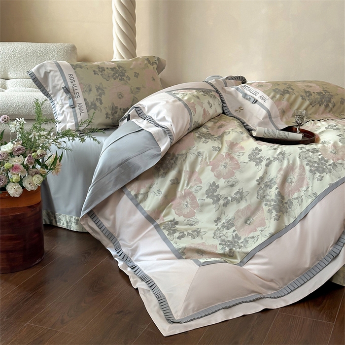 91家纺网 家纺一手货源 找家纺 宏羽纺家纺 2025新款100s全棉纯棉贡缎法式刺绣花边四件套 欧碧绿