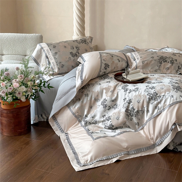 91家纺网 家纺一手货源 找家纺 宏羽纺家纺 2025新款100s全棉纯棉贡缎法式刺绣花边四件套 月魄灰