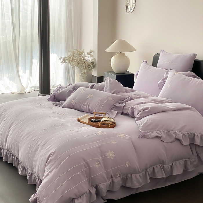 91家纺网 家纺一手货源 找家纺 （总）曼布缇2025新款A类全棉双层纱绣花款四件套-花予（券后控价：338/358起 会员减20）