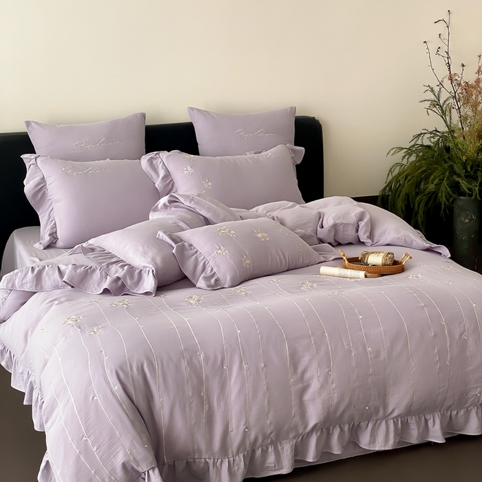 91家纺网 家纺一手货源 找家纺 （总）曼布缇2025新款A类全棉双层纱绣花款四件套-花予（券后控价：338/358起 会员减20）