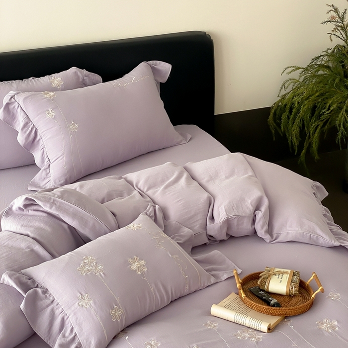 91家纺网 家纺一手货源 找家纺 （总）曼布缇2025新款A类全棉双层纱绣花款四件套-花予（券后控价：338/358起 会员减20）