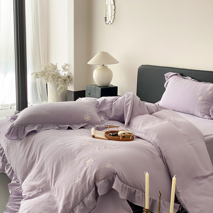 91家纺网 家纺一手货源 找家纺 （总）曼布缇2025新款A类全棉双层纱绣花款四件套-花予（券后控价：338/358起 会员减20）