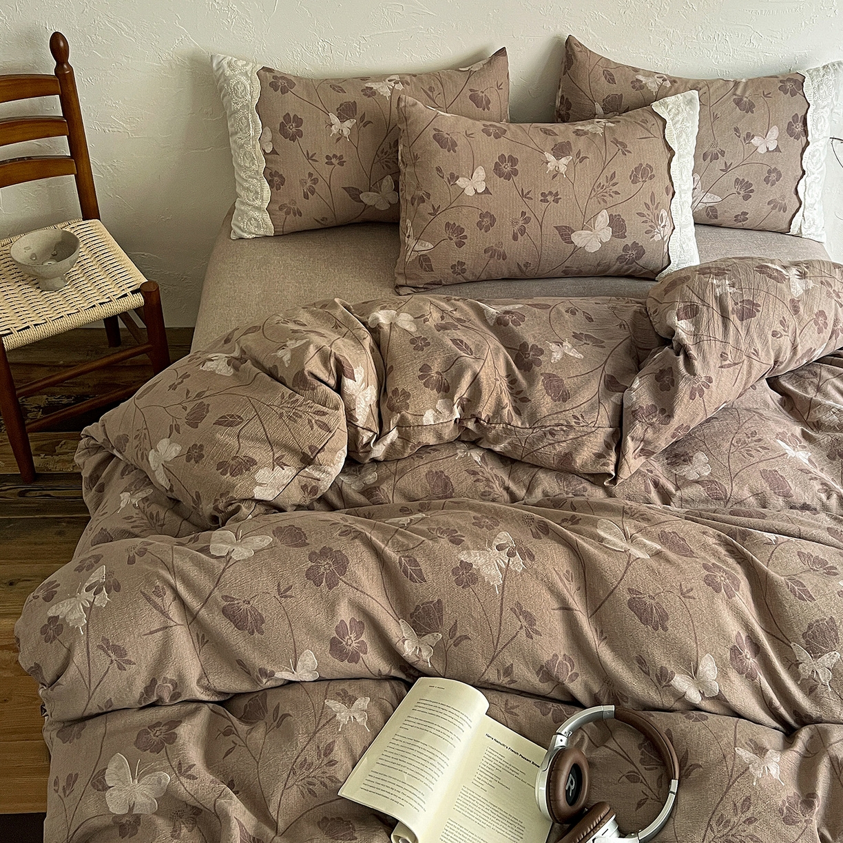 一比一家纺 2026秋冬新品高克重原麻复古全棉花边棉麻侘寂风原麻四件套 （控价99元） 晓梦