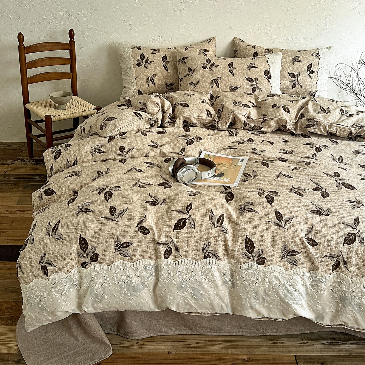 91家纺网 家纺一手货源 找家纺 一比一家纺 2026秋冬新品高克重原麻复古全棉花边棉麻侘寂风原麻四件套 （控价99元） 花季