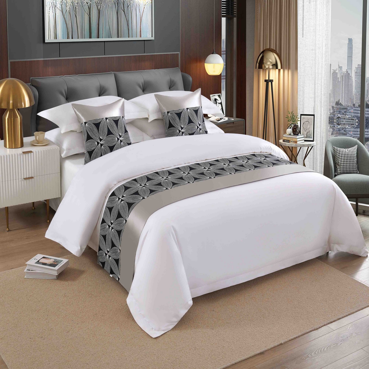 澜昕 酒店民宿床尾巾床旗轻奢抱枕套床盖 大花瓣