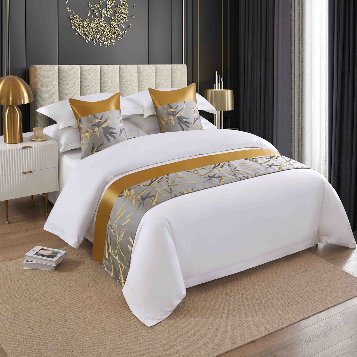 澜昕 酒店民宿床尾巾床旗轻奢抱枕套床盖 富贵竹银色