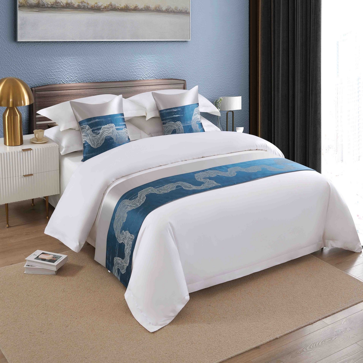 澜昕 酒店民宿床尾巾床旗轻奢抱枕套床盖 混天绫蓝色