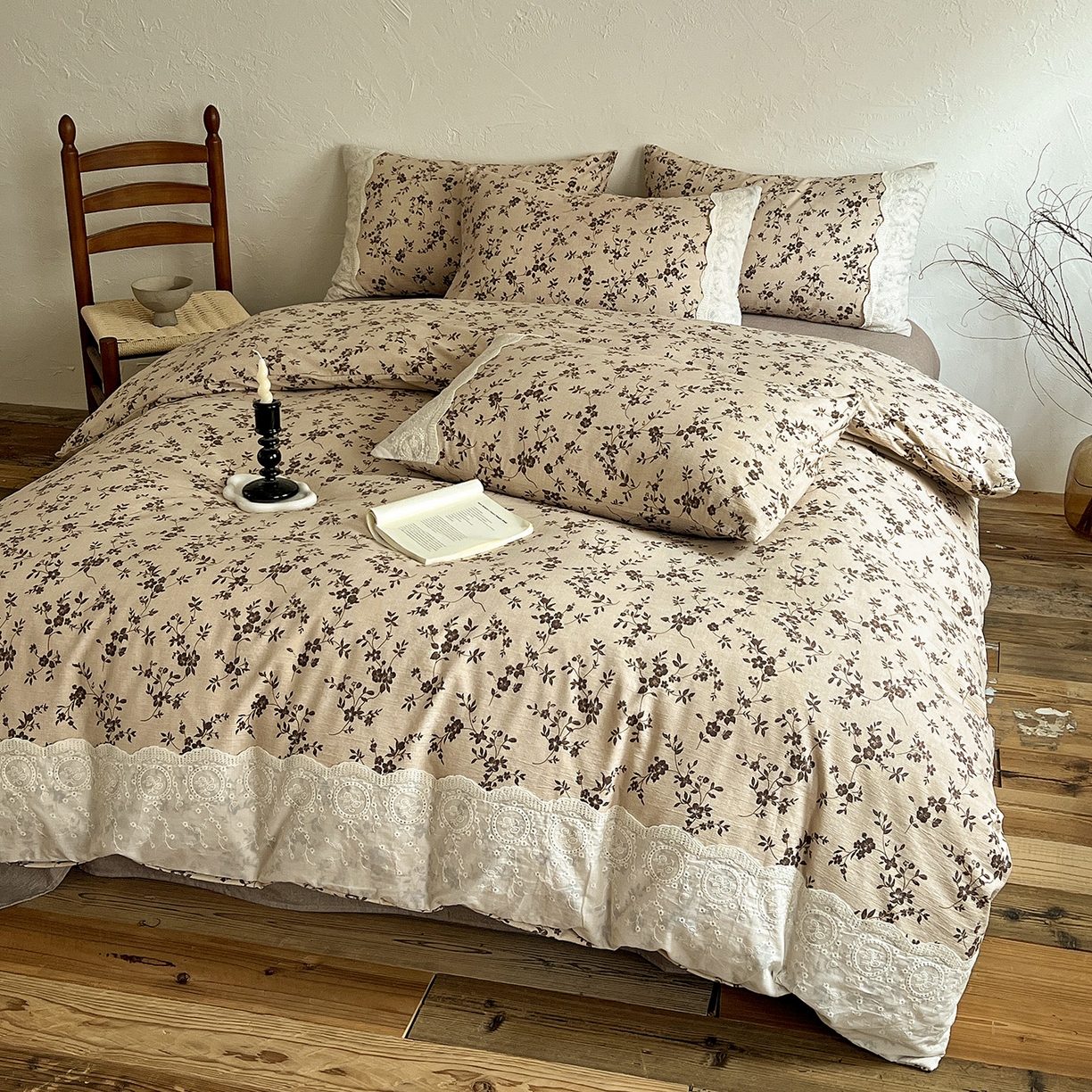 91家纺网 家纺一手货源 找家纺 一比一家纺 2025秋冬新品高克重原麻复古全棉花边棉麻侘寂风原麻四件套 （控价99元） 茶里