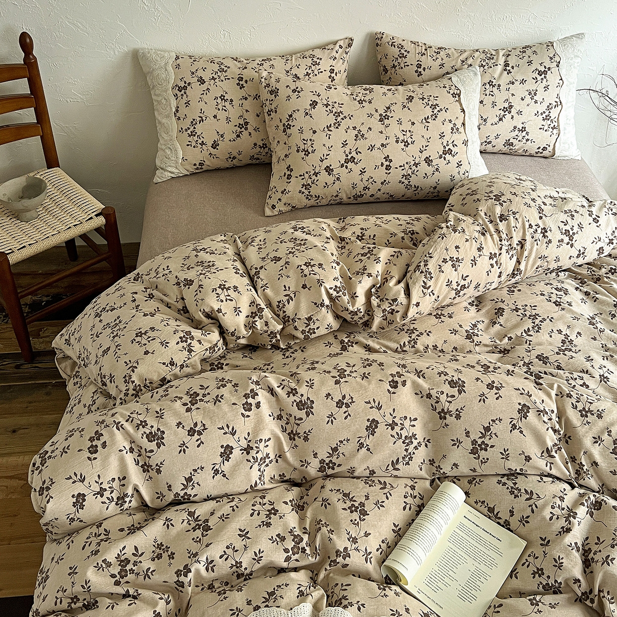 91家纺网 家纺一手货源 找家纺 一比一家纺 2025秋冬新品高克重原麻复古全棉花边棉麻侘寂风原麻四件套 （控价99元） 茶里