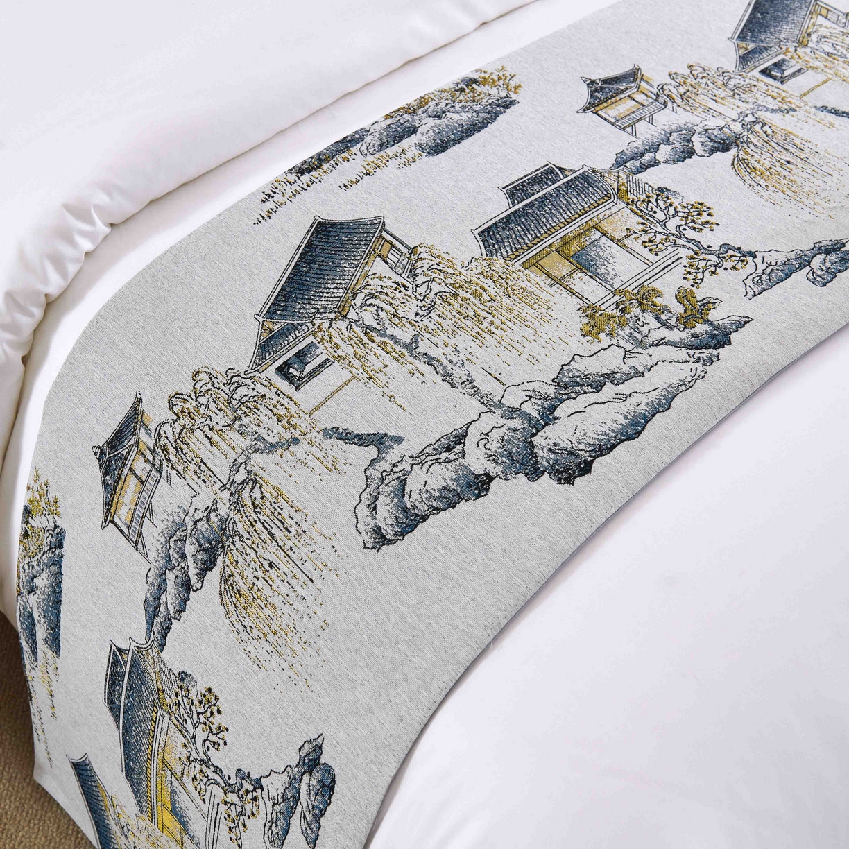 91家纺网 家纺一手货源 找家纺 澜昕 酒店民宿床尾巾床旗轻奢抱枕套床盖 江南春色