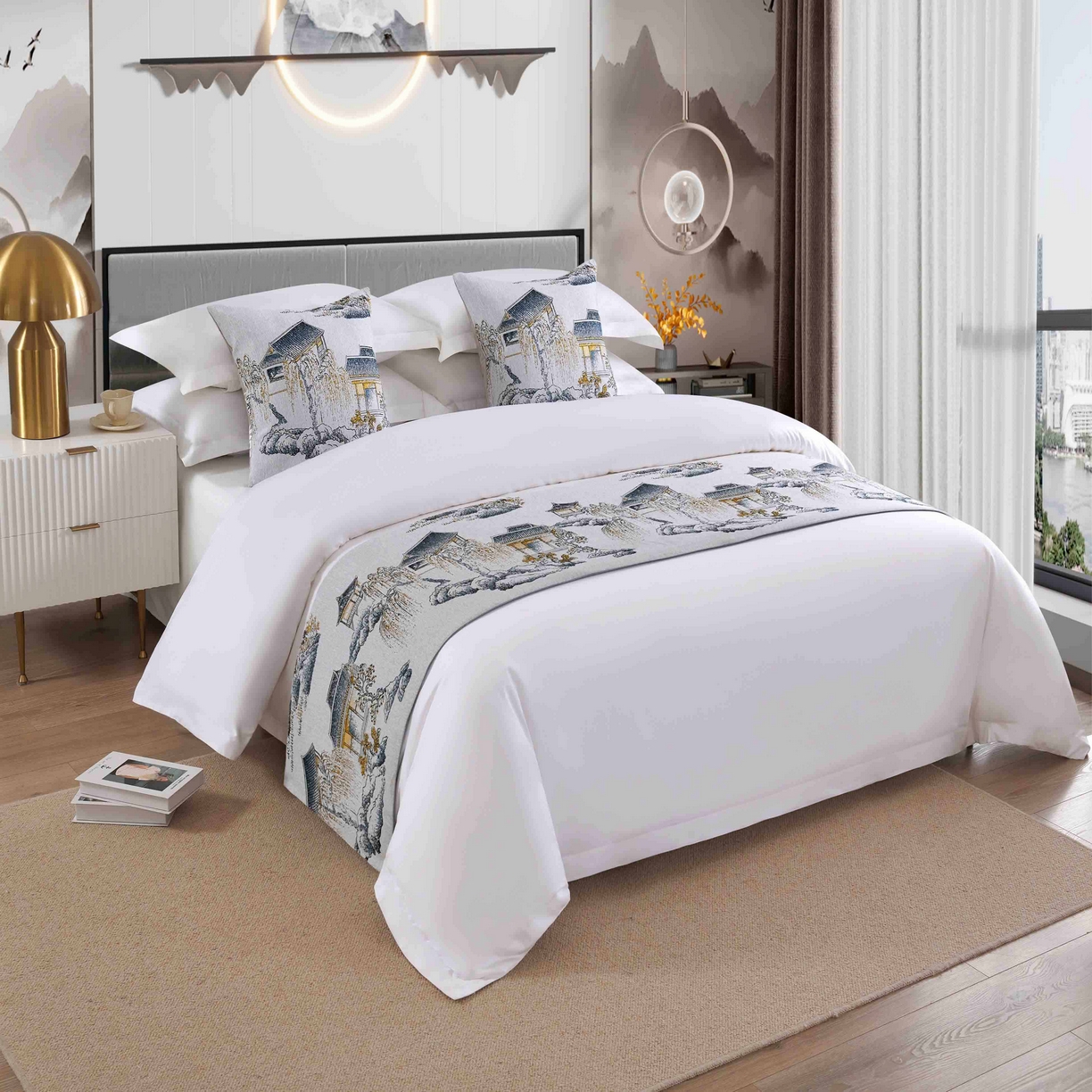 澜昕 酒店民宿床尾巾床旗轻奢抱枕套床盖 江南春色