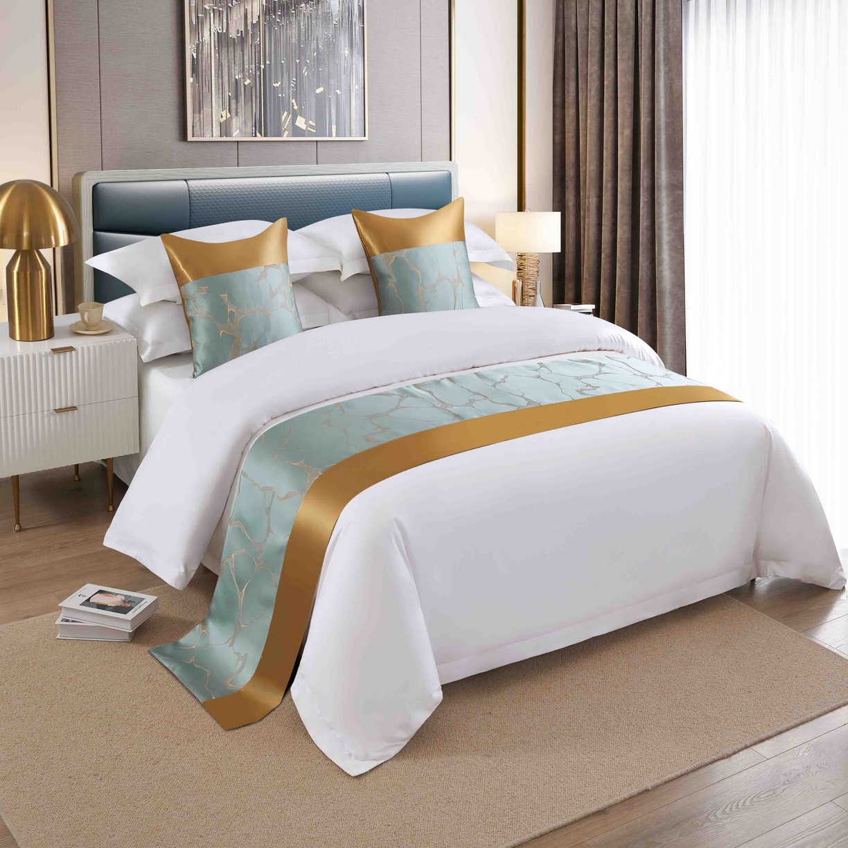 澜昕 酒店民宿床尾巾床旗轻奢抱枕套床盖 流金色月