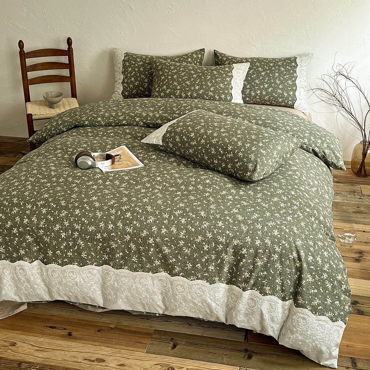 91家纺网 家纺一手货源 找家纺 一比一家纺 2026秋冬新品高克重原麻复古全棉花边棉麻侘寂风原麻四件套 （控价99元） 茉莉-亚绿