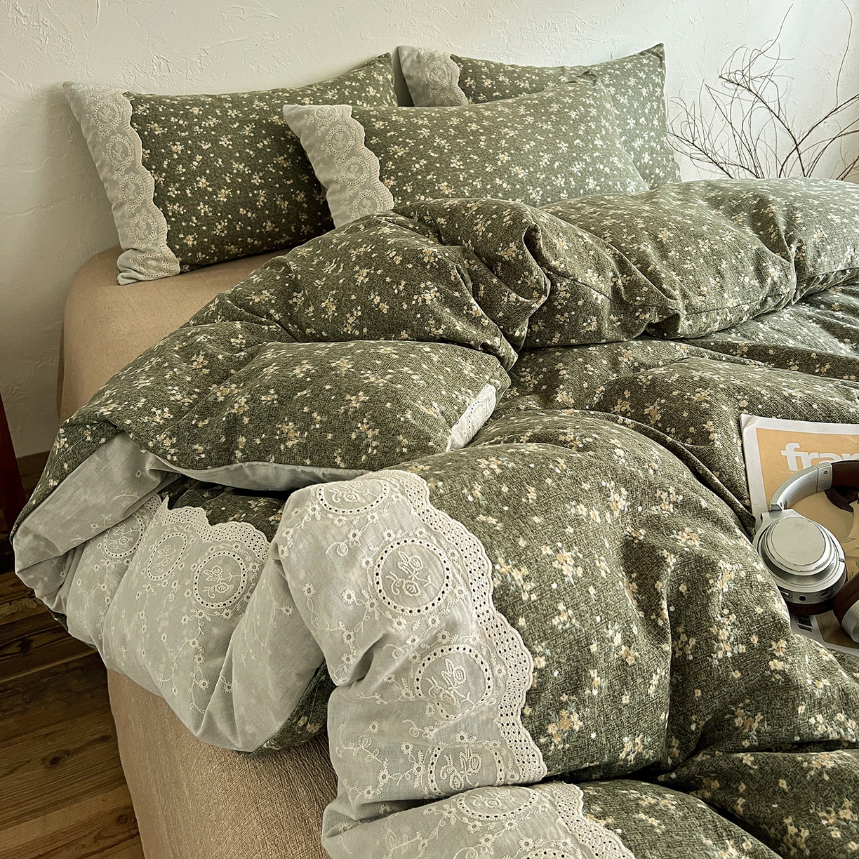 91家纺网 家纺一手货源 找家纺 一比一家纺 2026秋冬新品高克重原麻复古全棉花边棉麻侘寂风原麻四件套 （控价99元） 茉莉-亚绿