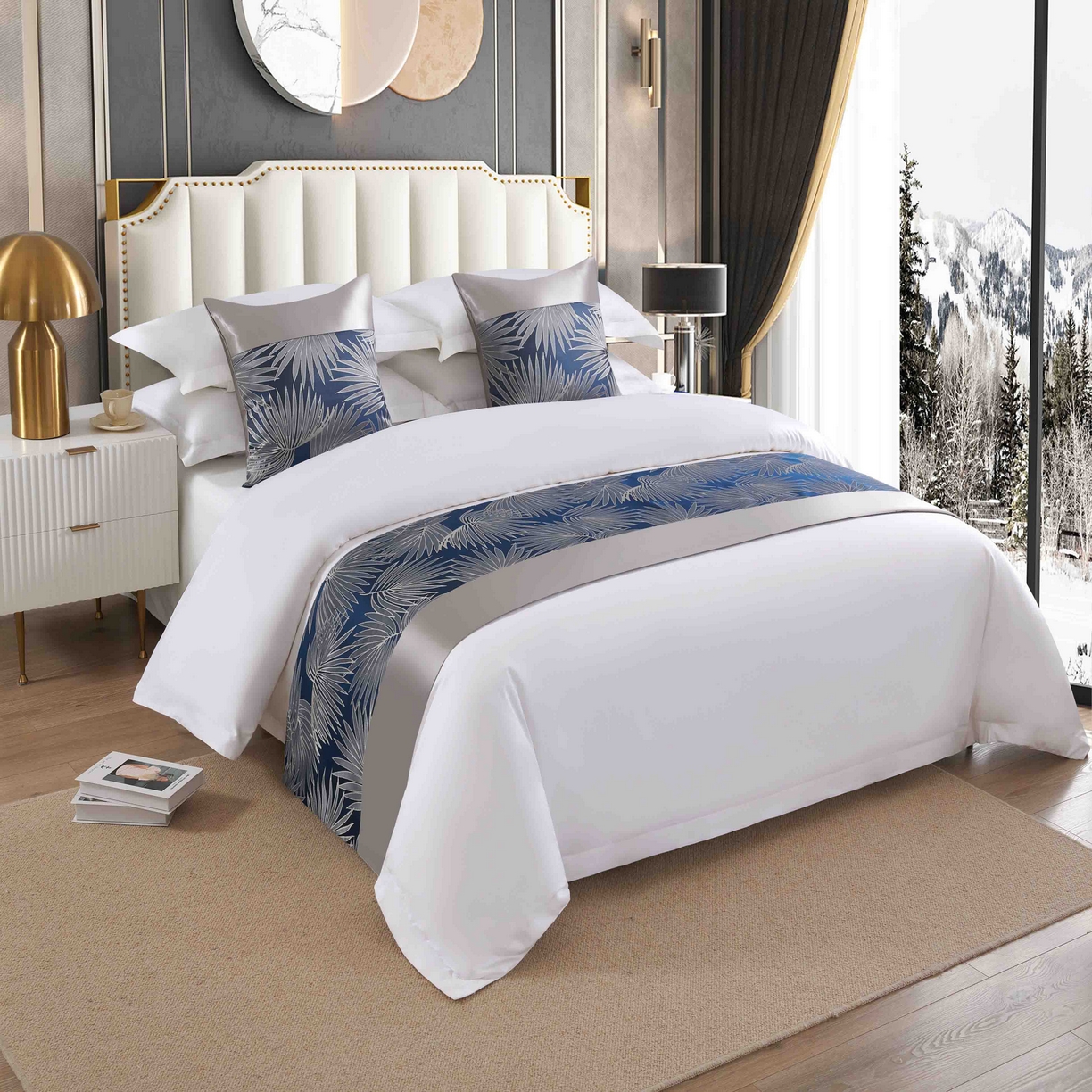 澜昕 酒店民宿床尾巾床旗轻奢抱枕套床盖 棕榈叶