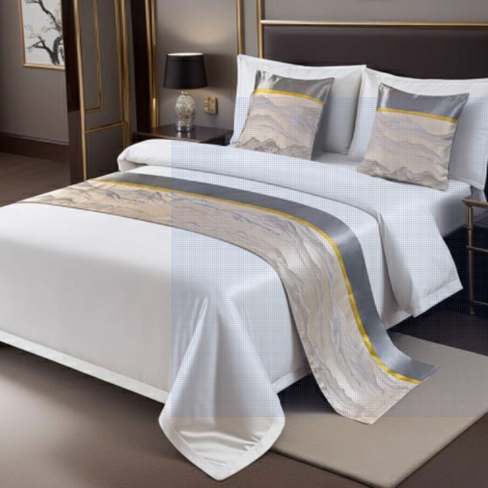 澜昕 酒店民宿床尾巾床旗轻奢抱枕套床盖 江山如画米金色