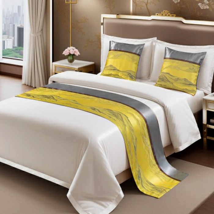 澜昕 酒店民宿床尾巾床旗轻奢抱枕套床盖 江山如画黄色