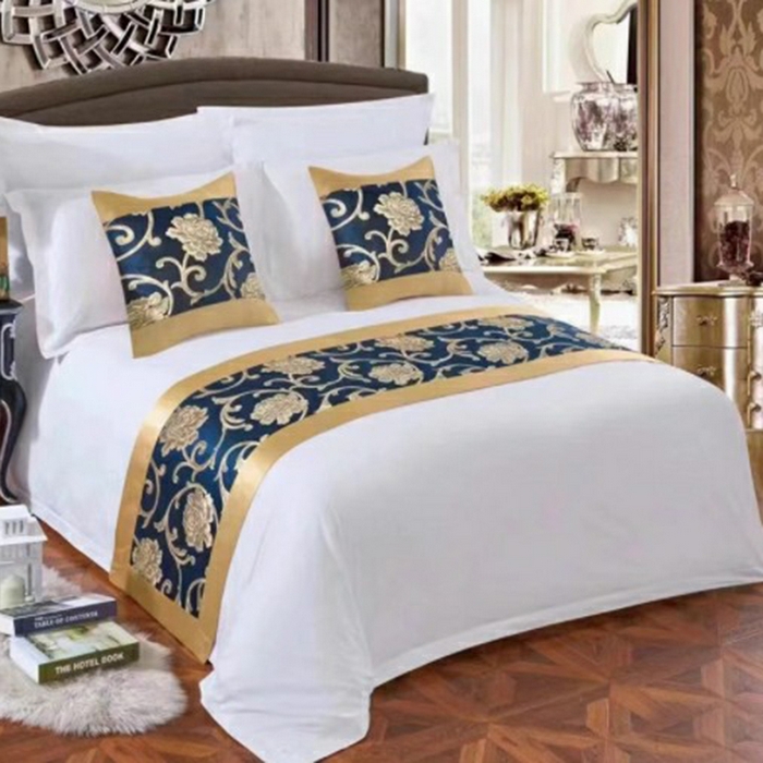 澜昕 酒店民宿床尾巾床旗轻奢抱枕套床盖 色织牡丹蓝色